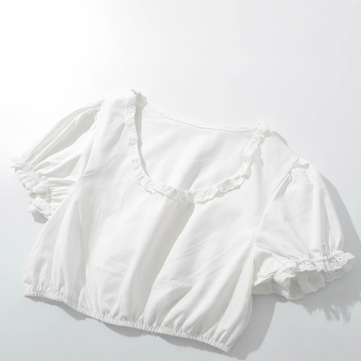 Women's Round Neck Lace Ruffle Sleeves Top + Skirt Set