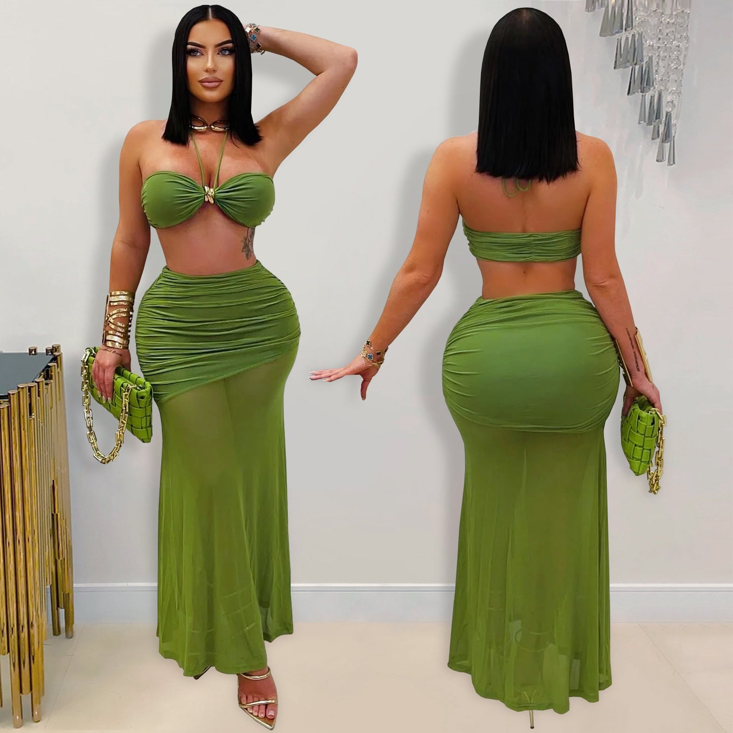 Style Women's Sexy Strapless Pleated Mesh Long Skirt