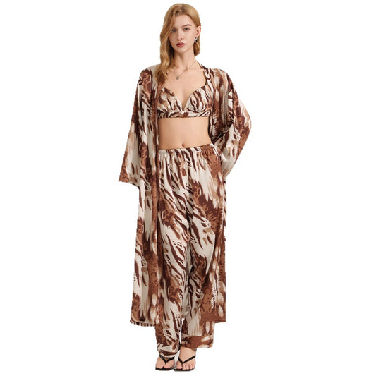 Women's summer long robe and pants three piece set