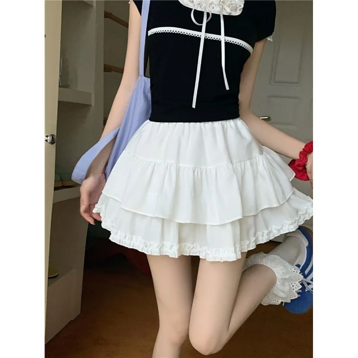 Puffy Cake Skirt Women's Sweet Ballet Style High Waist Slimming Ruffle Anti-peeking A-line Short Skirt