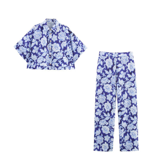 Women's Clothing Flower Print Short Shirt + Long Pants Set