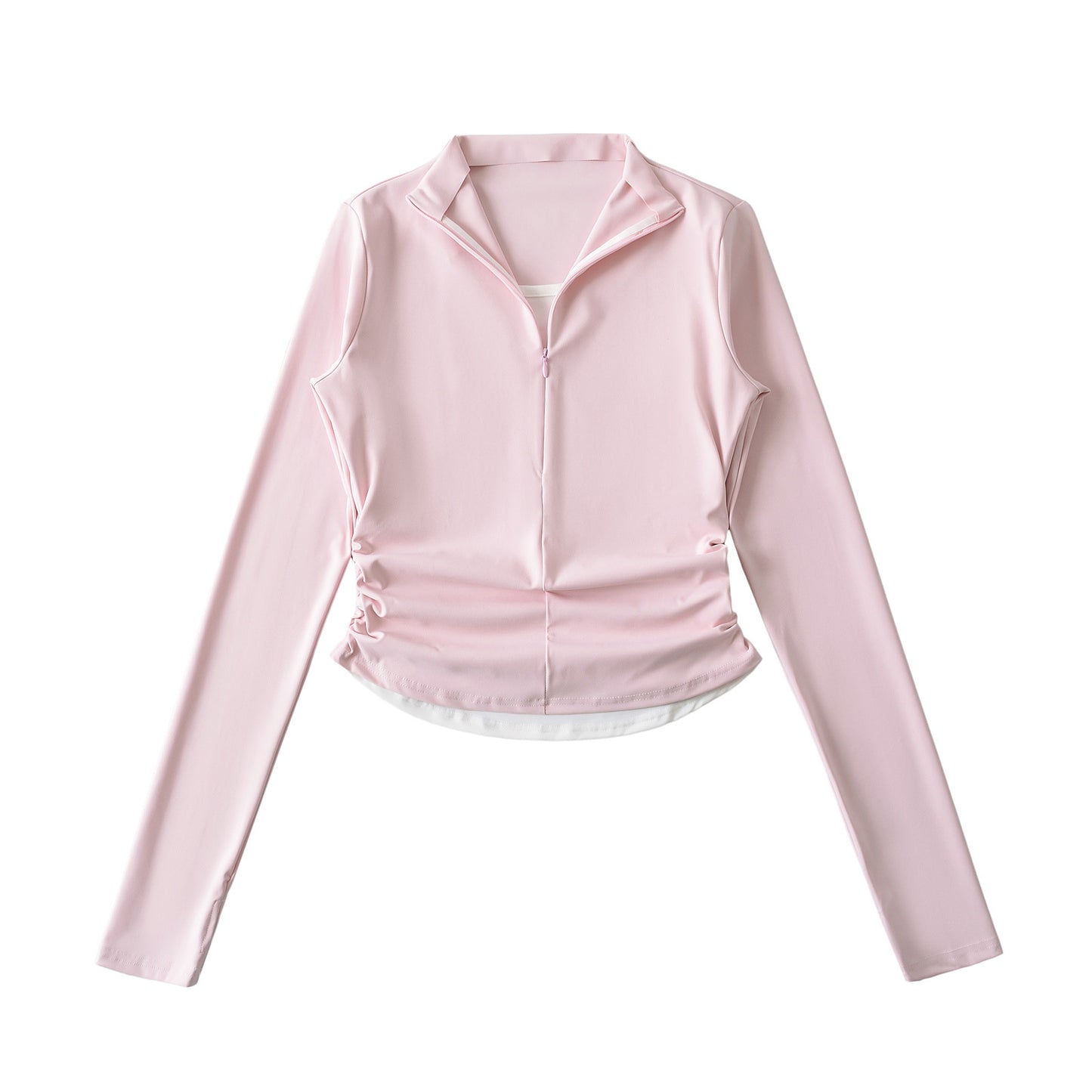 Fake two and a half zipper pleated tops+low waisted horseshoe micro flared pants