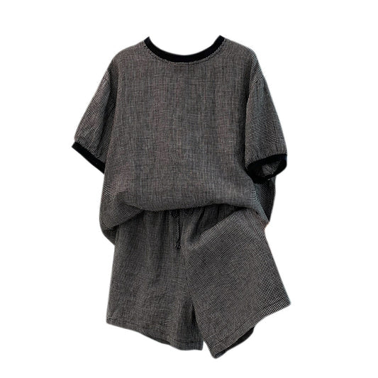 Cotton Linen Vintage Loose Casual Plaid T-Shirt + Wide Leg Shorts Two-Piece Set