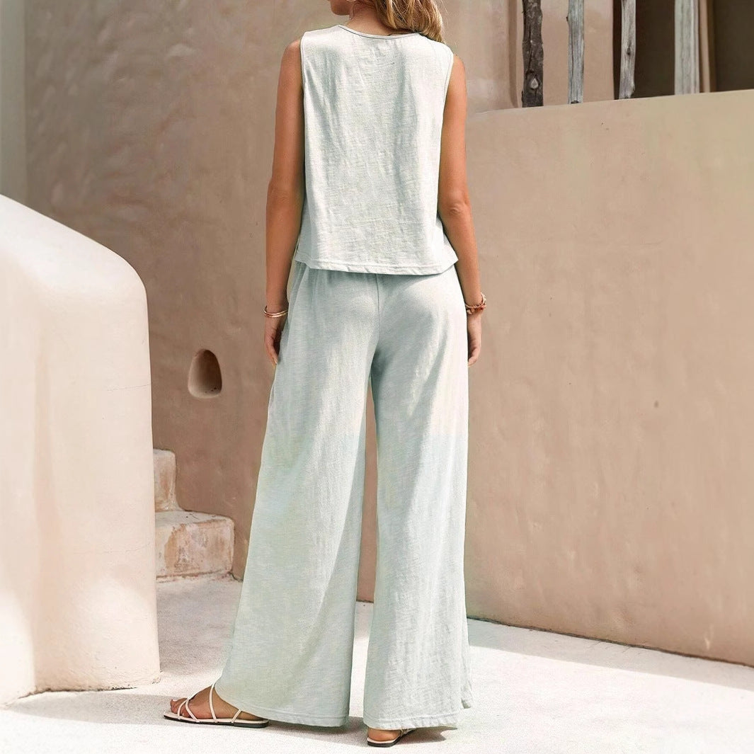 Women's Pure Color Tank  and Casual Wide-leg Pants Two-piece Set