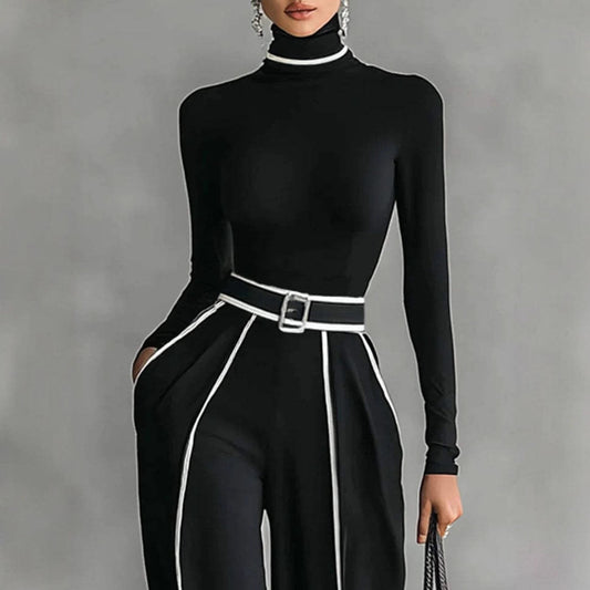 Autumn and Winter New Korean Version Elegant Stand Collar Color Block Binding Waist Slimming Long Sleeve Knitted Dress