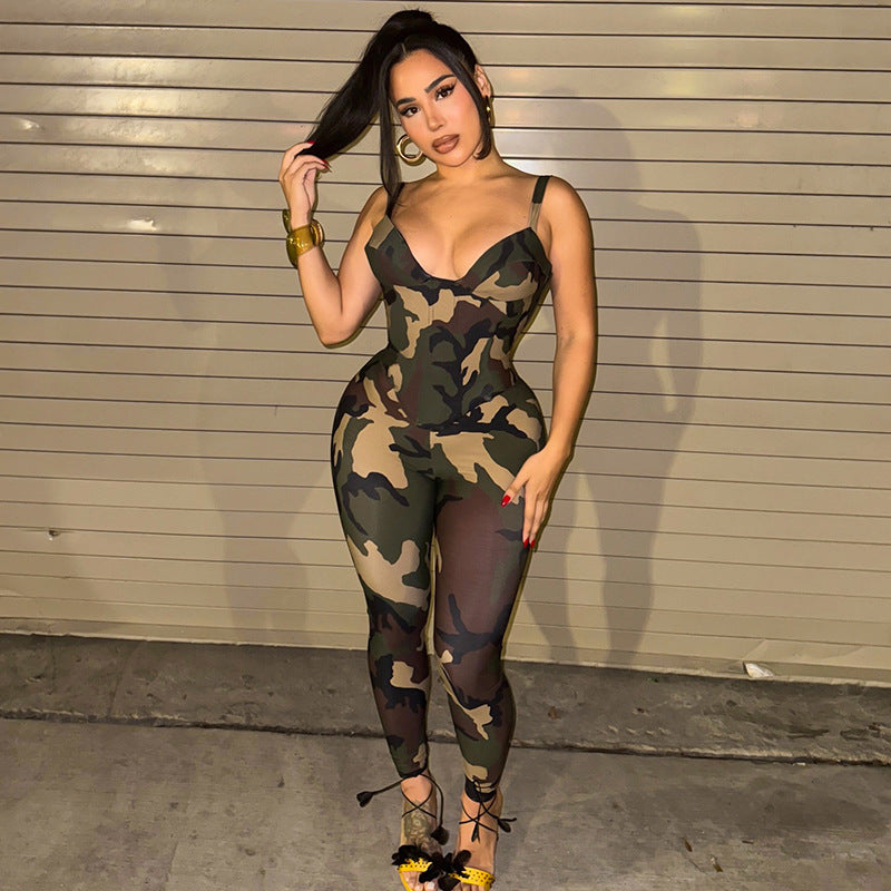 Camouflage printed back strap short camisole vest tight pants two-piece set
