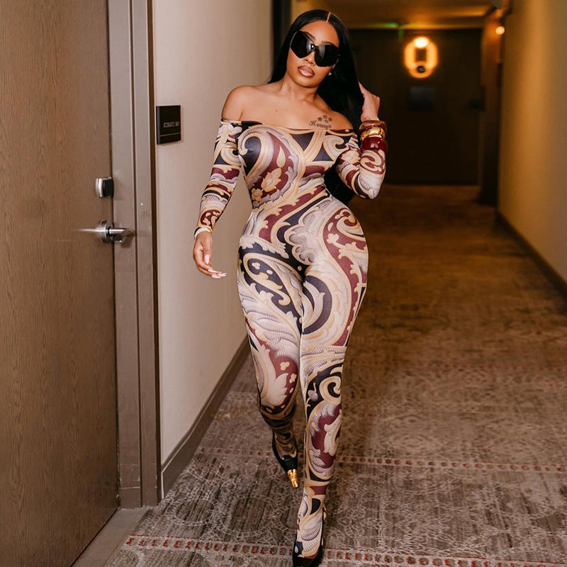 Printed one shoulder strapless long sleeved slim fit pants jumpsuit