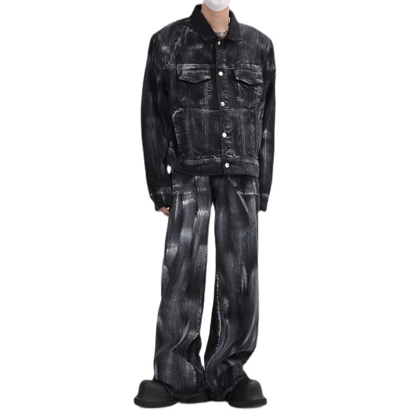 Unique Washed Vintage Denim Splatter Ink Suit Design Loose Jacket Top for Men and Women
