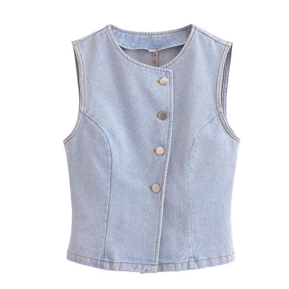Women's Denim Vest + Front Slit Design Denim Skirt Set