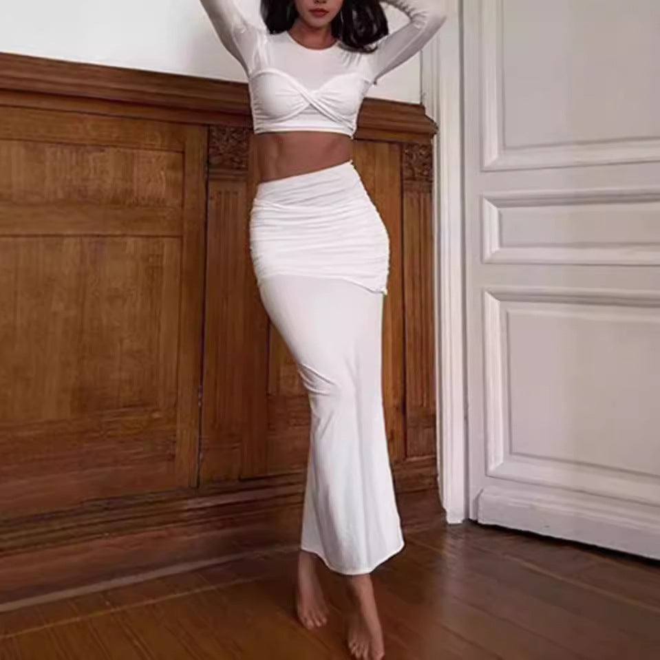 Casual solid color set fish tail skirt long sleeved crop top set