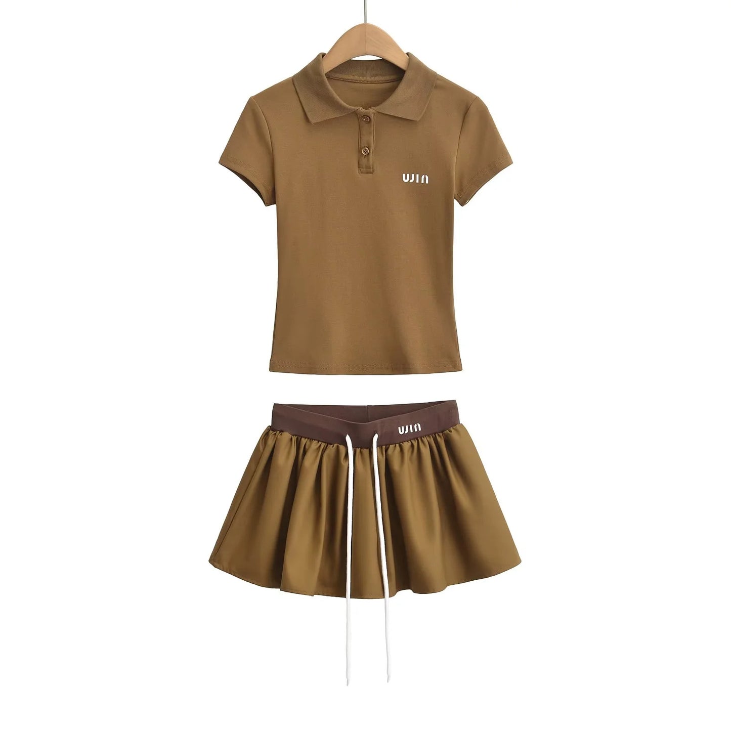 POLO collar contrasting letter print short sleeved T-shirt elastic waist drawstring skirt two-piece set