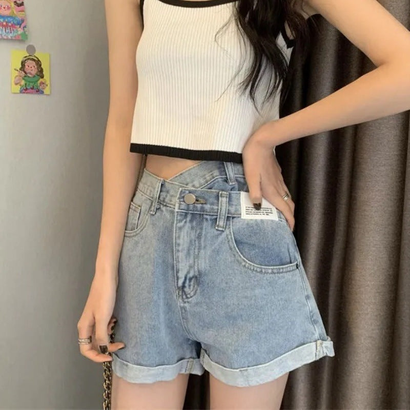 Irregular High-Waisted Denim Shorts for Women, Loose and Slimming A-Line Casual Denim Hot Pants