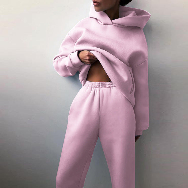 Women's Spring Hooded Set Solid Color Casual  Sports Sweatshirt Set