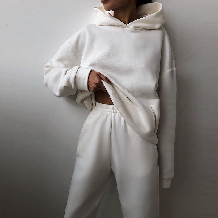 Women's Spring Hooded Set Solid Color Casual  Sports Sweatshirt Set