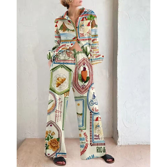 Autumn Winter New Printed Belted Long Sleeve Loose Set INS Casual Fashion Two-Piece Women's Set