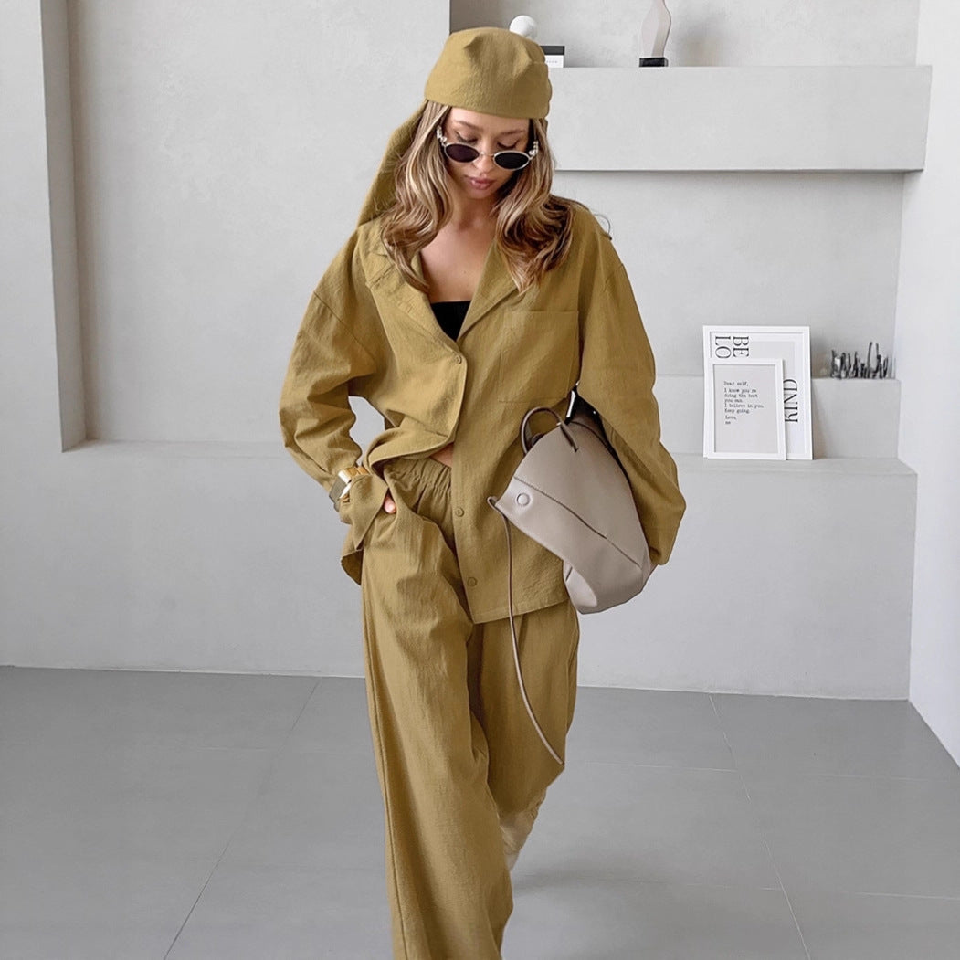 Casual Pink Bamboo Cotton Set Loose Shirt and Long Pants Two-Piece Women's Suit