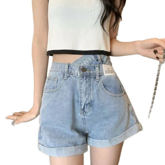 Irregular High-Waisted Denim Shorts for Women, Loose and Slimming A-Line Casual Denim Hot Pants