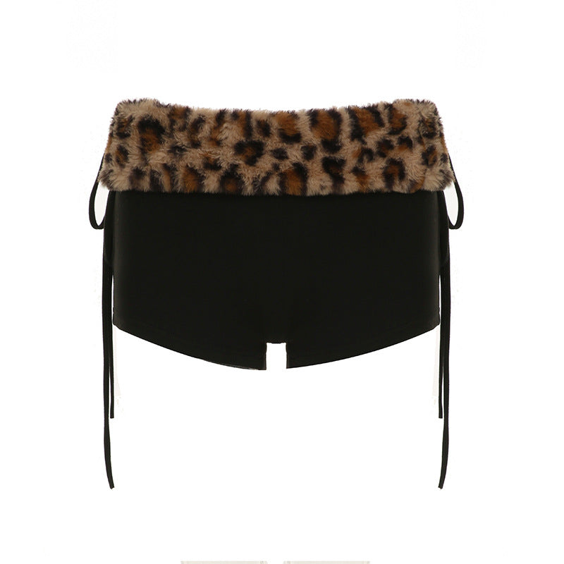 Sexy Leopard Print Splicing Tie Belt Fitted One-Shoulder Top and Shorts Two-Piece Set Casual Versatile Leisure Suit
