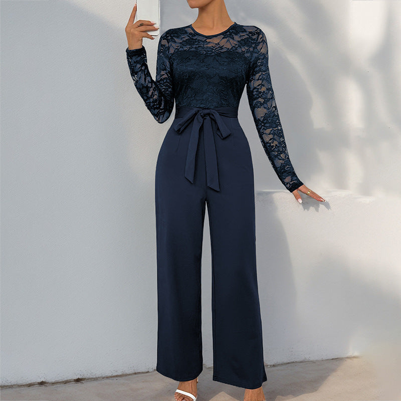 Elegant Lace Splicing Commuter Belted Jumpsuit