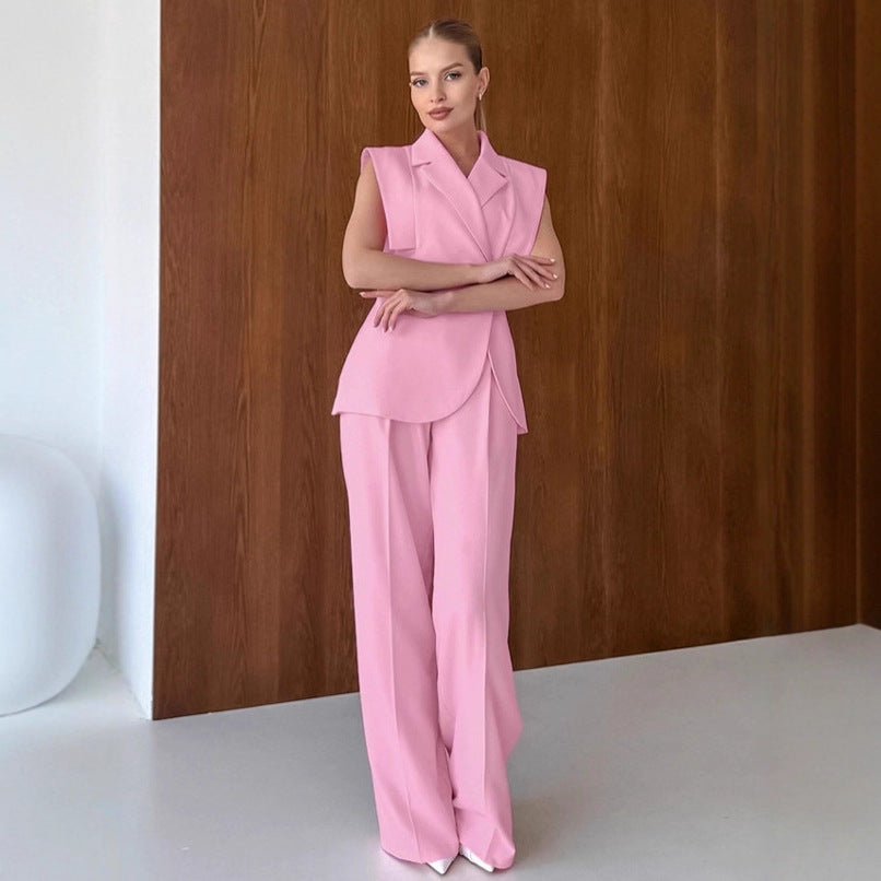Commuting Pink Suit Vest and Long Pants Two-Piece Set for Women Autumn  Professional Workwear Set
