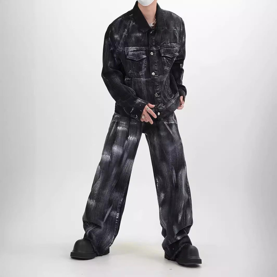 Unique Washed Vintage Denim Splatter Ink Suit Design Loose Jacket Top for Men and Women