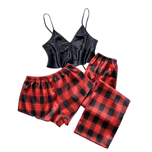 Women's home suit set with camisole and pants divided into three pieces