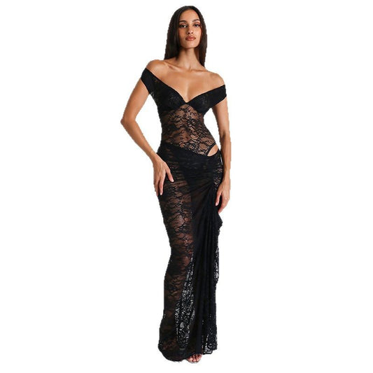 Lace dress sexy hollowed out see through jumpsuit half body long skirt two-piece set