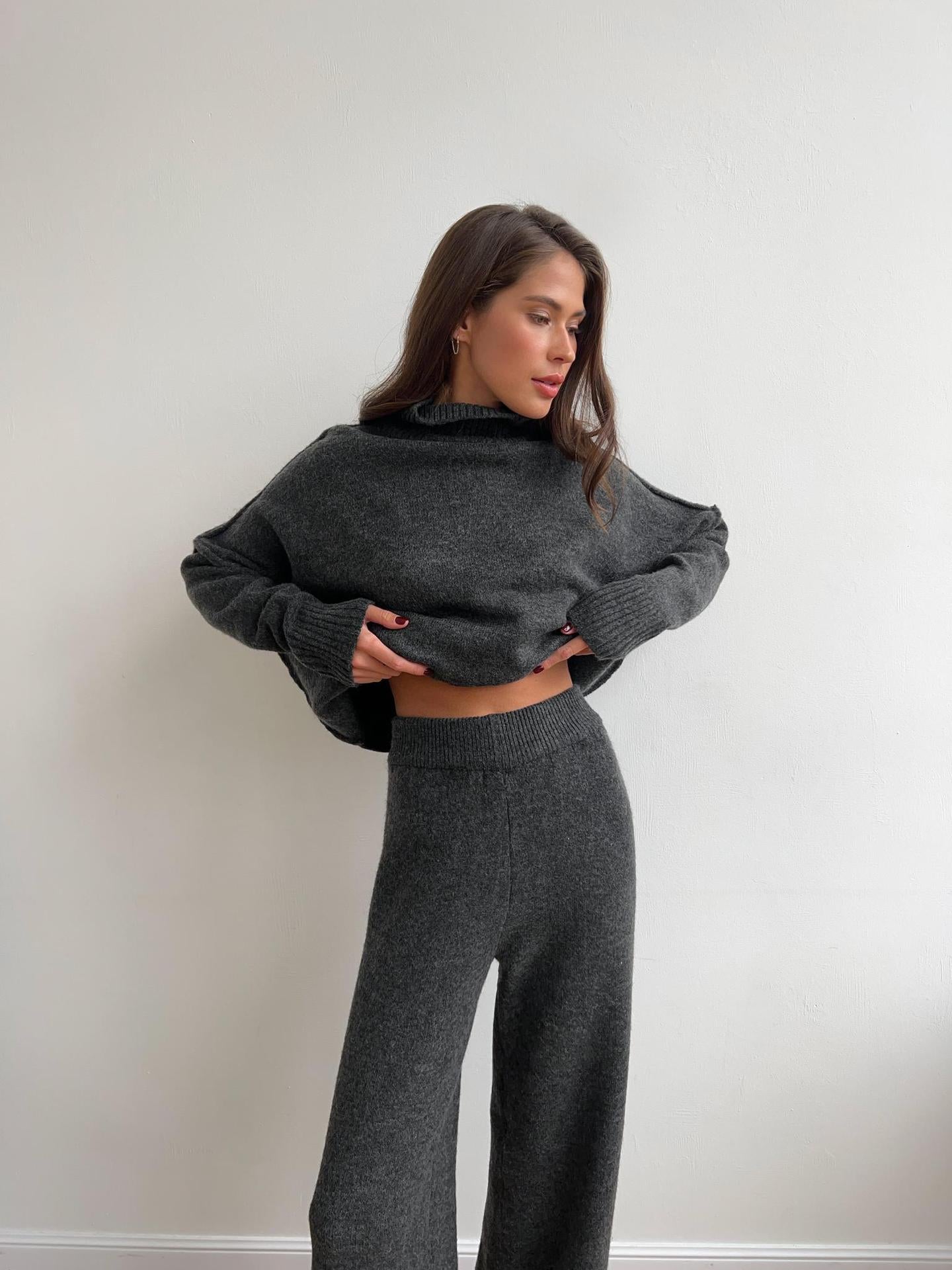 High Neck Slit Wool Sweater Set Women's Loose Casual Lazy Knitted Long Pants Two-Piece Set