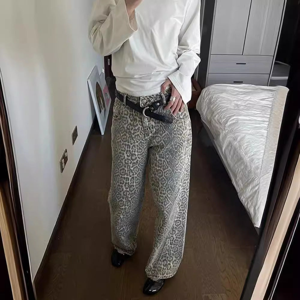 Retro Leopard Print Denim Pants Street Hip Hop Beige Straight Wide Leg High Waist Loose Denim Pants for Women