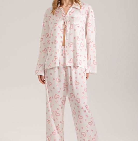 Three-Piece Pajama Set with Heart Print - Strap Top, Long Sleeve, and Long Pants for Women