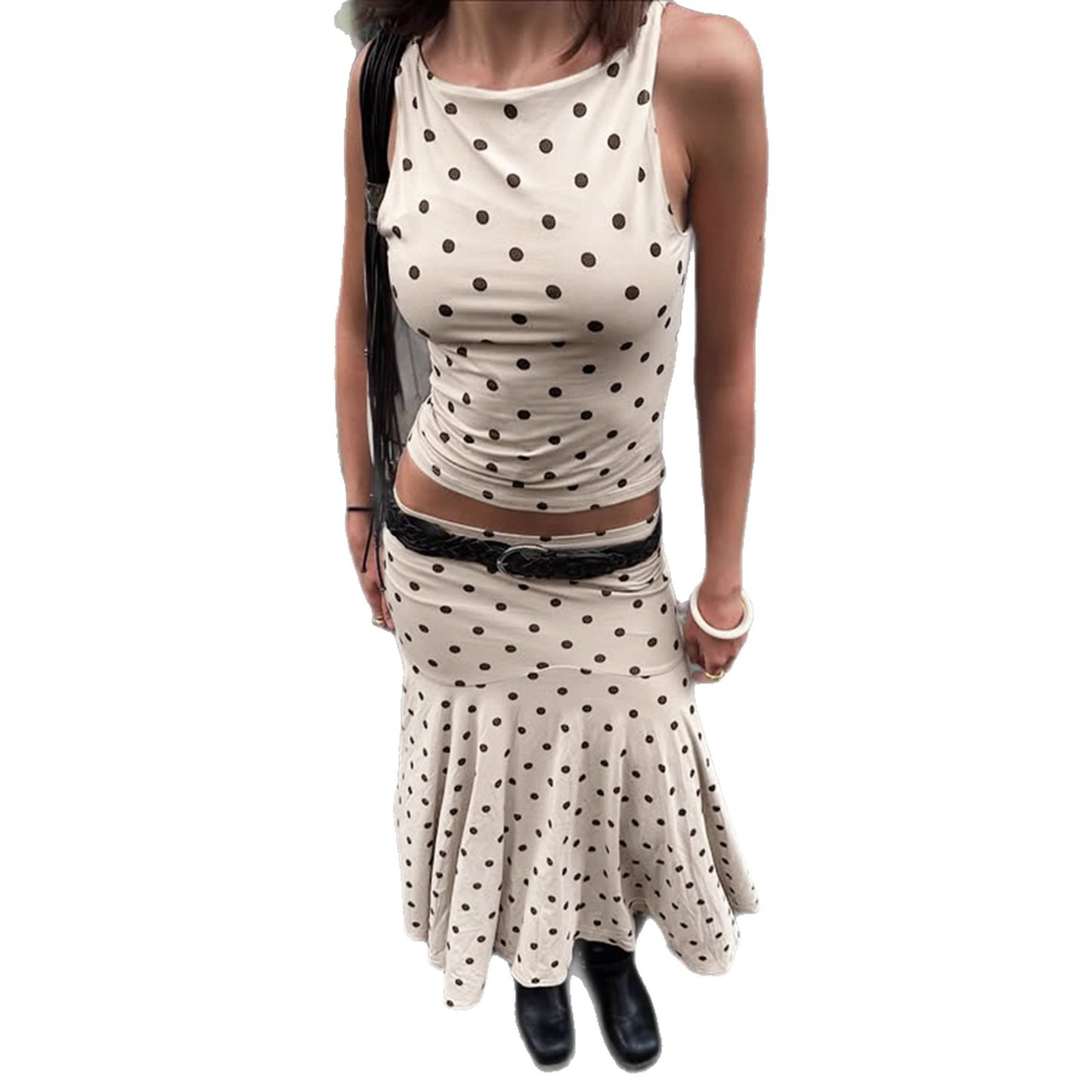 Elegant Polka Dot Sleeveless Short Top Set with Waist-Cinching Bodycon Figure-Flattering Mermaid Long Skirt