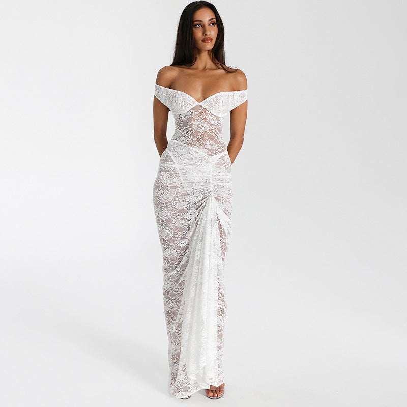 Lace dress sexy hollowed out see through jumpsuit half body long skirt two-piece set
