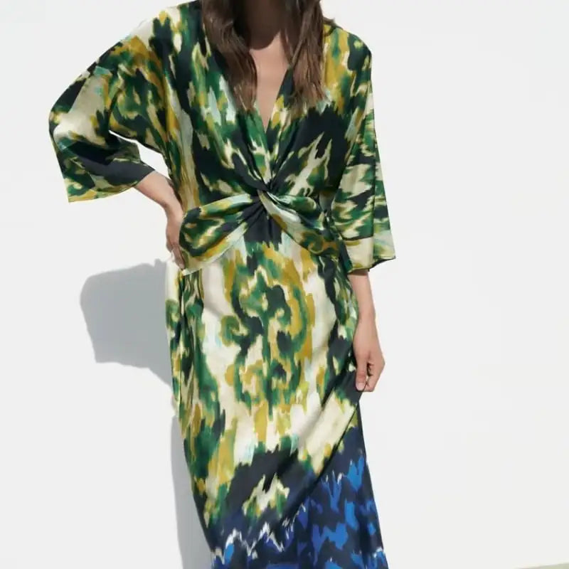 Elegant V-neck Satin Long Shirt Dress with Print
