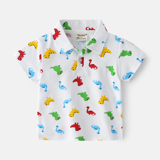 Summer Dinosaur Cartoon Print Boys' Short Sleeve Shirt