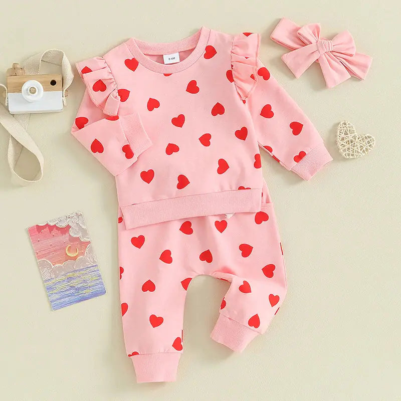 Heart Print Long Sleeve Hoodie 3-Piece Set