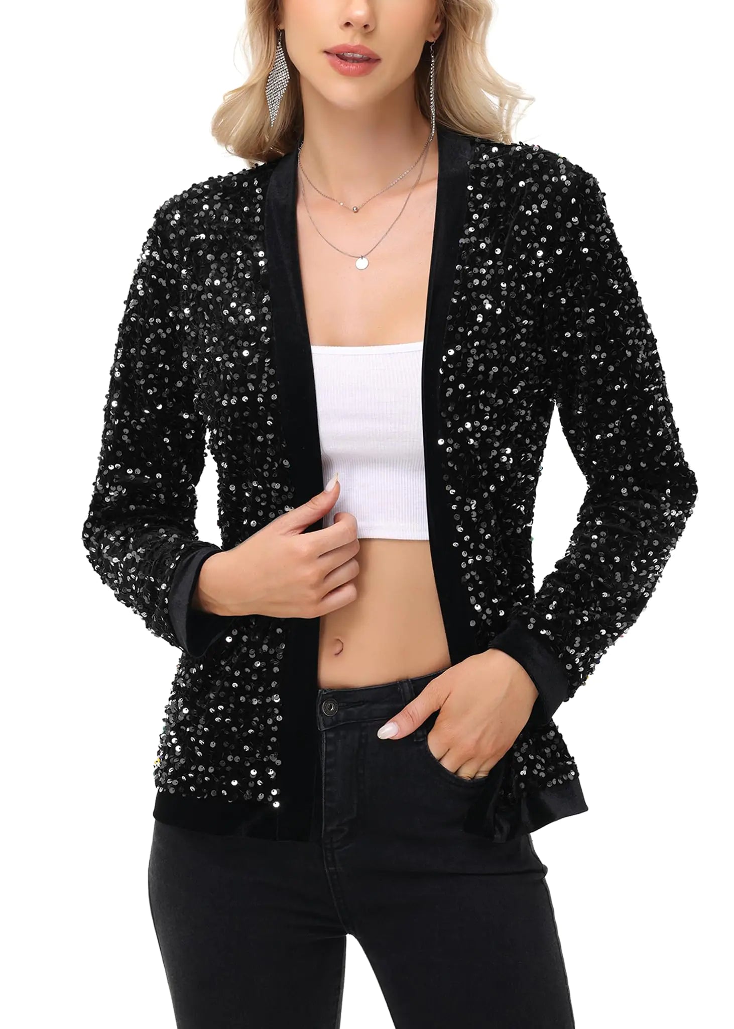 Anna-Kaci Womens Sparkly Sequin Cardigan Long Sleeve Open Front Glitter Party Sequin Blazer Jacket Black Small