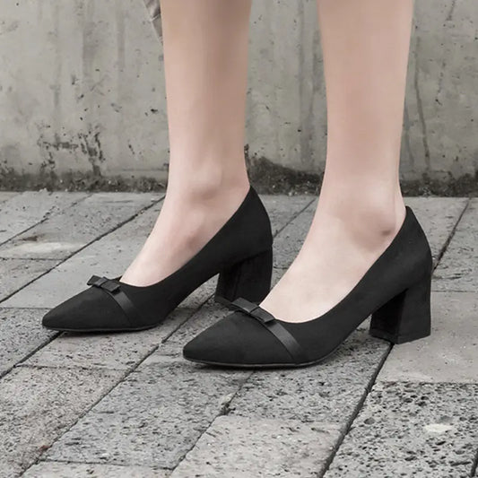 New Women's Black Suede Mid-Heel Pointed Shoes