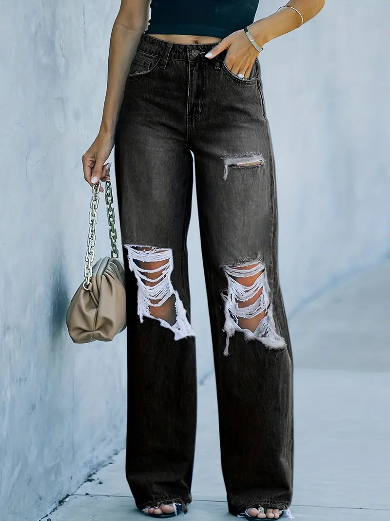 High Waist Ripped Trousers - Loose Straight Leg Denim