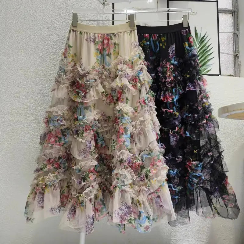 High Waist Flower Print Lace Tulle Skirt