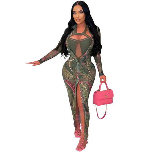 Women's Long Sleeve Dress with Mesh Floral Print