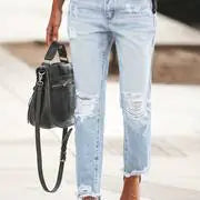 Blue Raw Hem Distressed Straight Jeans for Women