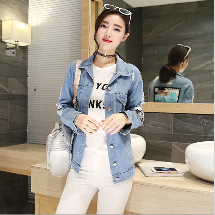 Plus Size Women's Denim Jacket with Ripped Details