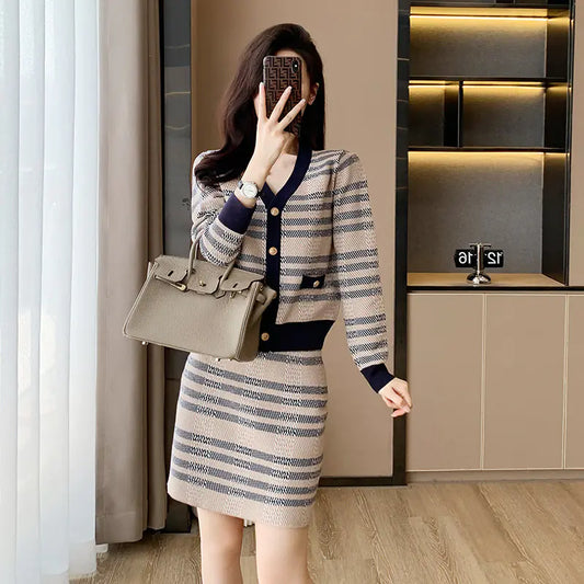 Classic Knitted Two-Piece Skirt & Cardigan Set for Women