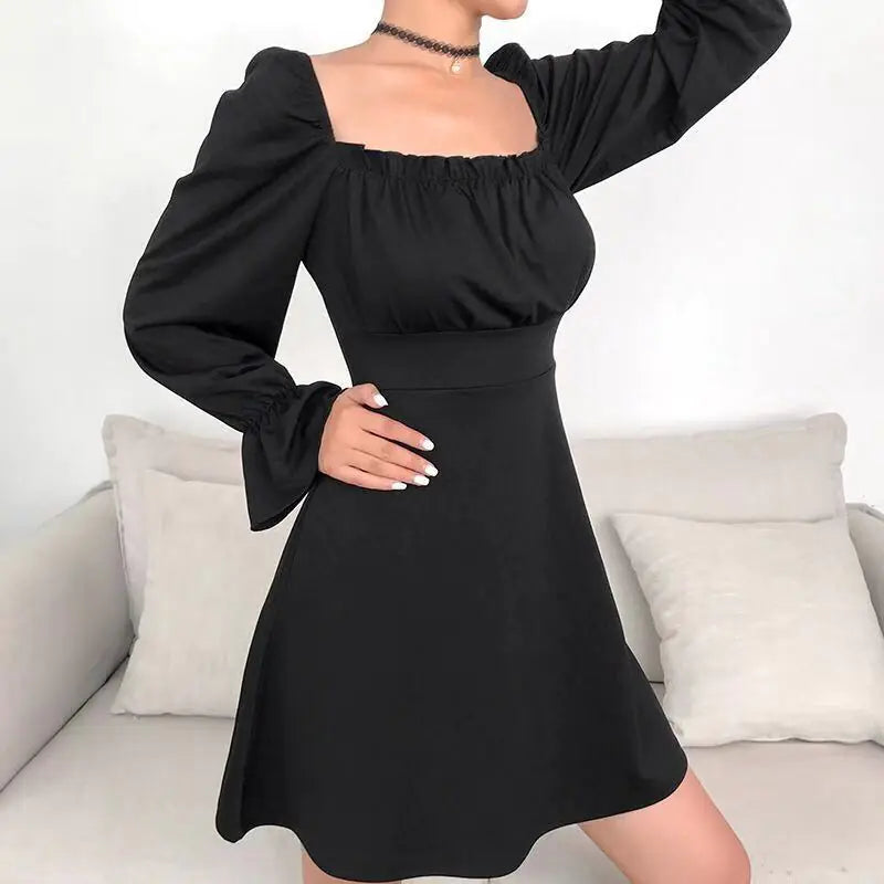 Solid Color Long Sleeve Dress with Off-Shoulder Design
