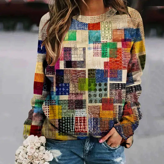 Women's Printed Patchwork Long Sleeve Raglan Sweater