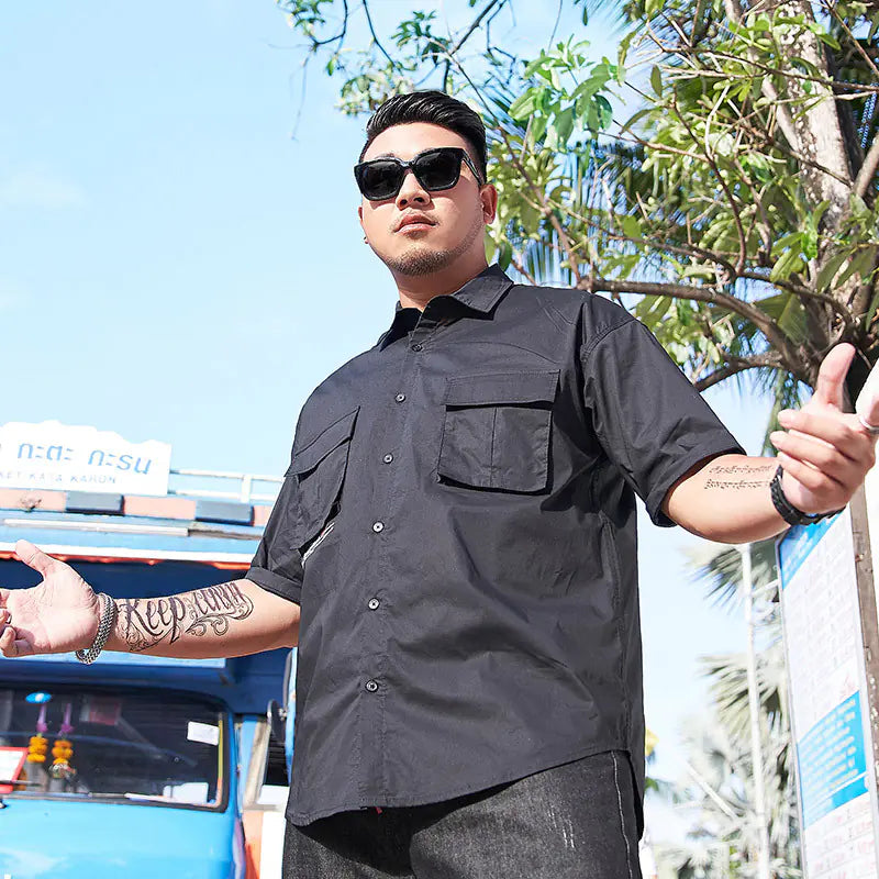 Plus Size Black Short Sleeve Printed Shirt for Men