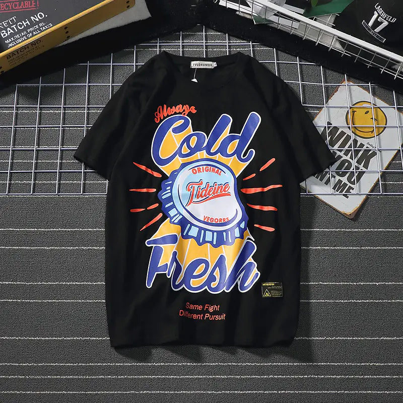 Printed Short Sleeve Streetwear Couple Tee - Gold
