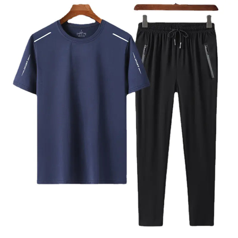 Men's Summer Ice Silk Quick-Dry T-Shirt & Trousers Set