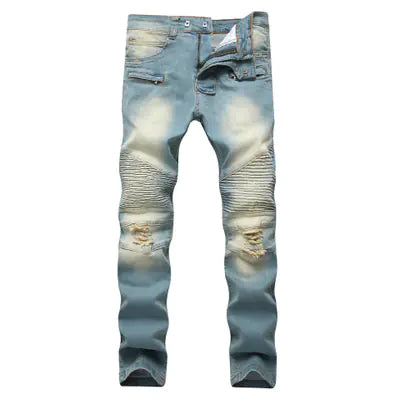 Men's Retro Distressed Zipper Decor Denim Pants
