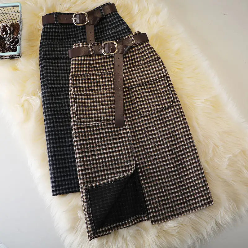 Woolen Plaid Sheath Skirt for Autumn and Winter